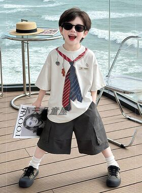 男童夏季潮流印花领结短袖T恤2026新款中大儿童洋气设计感上衣韩