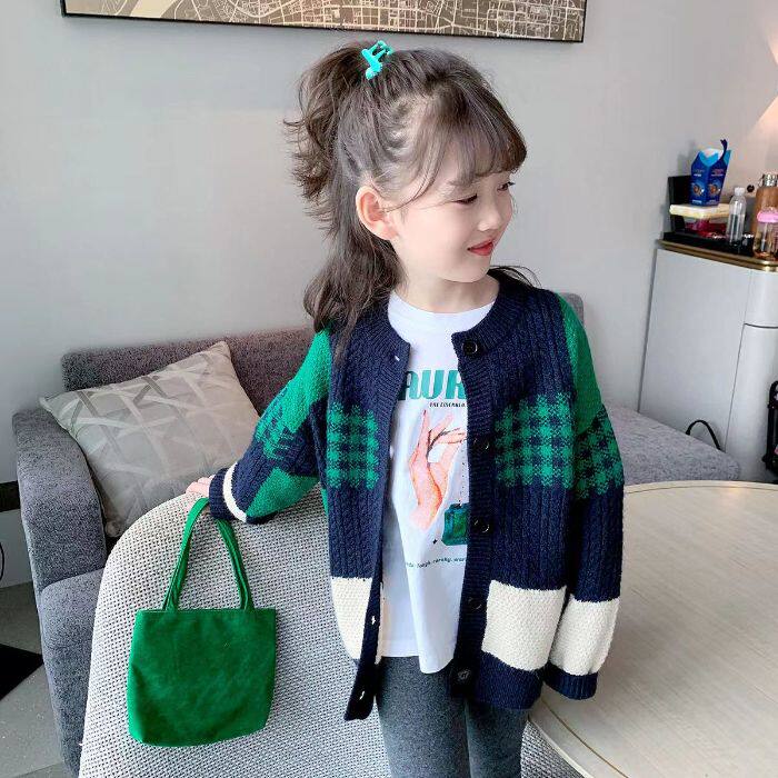 女童韩版拼色格子开衫针织毛衣潮