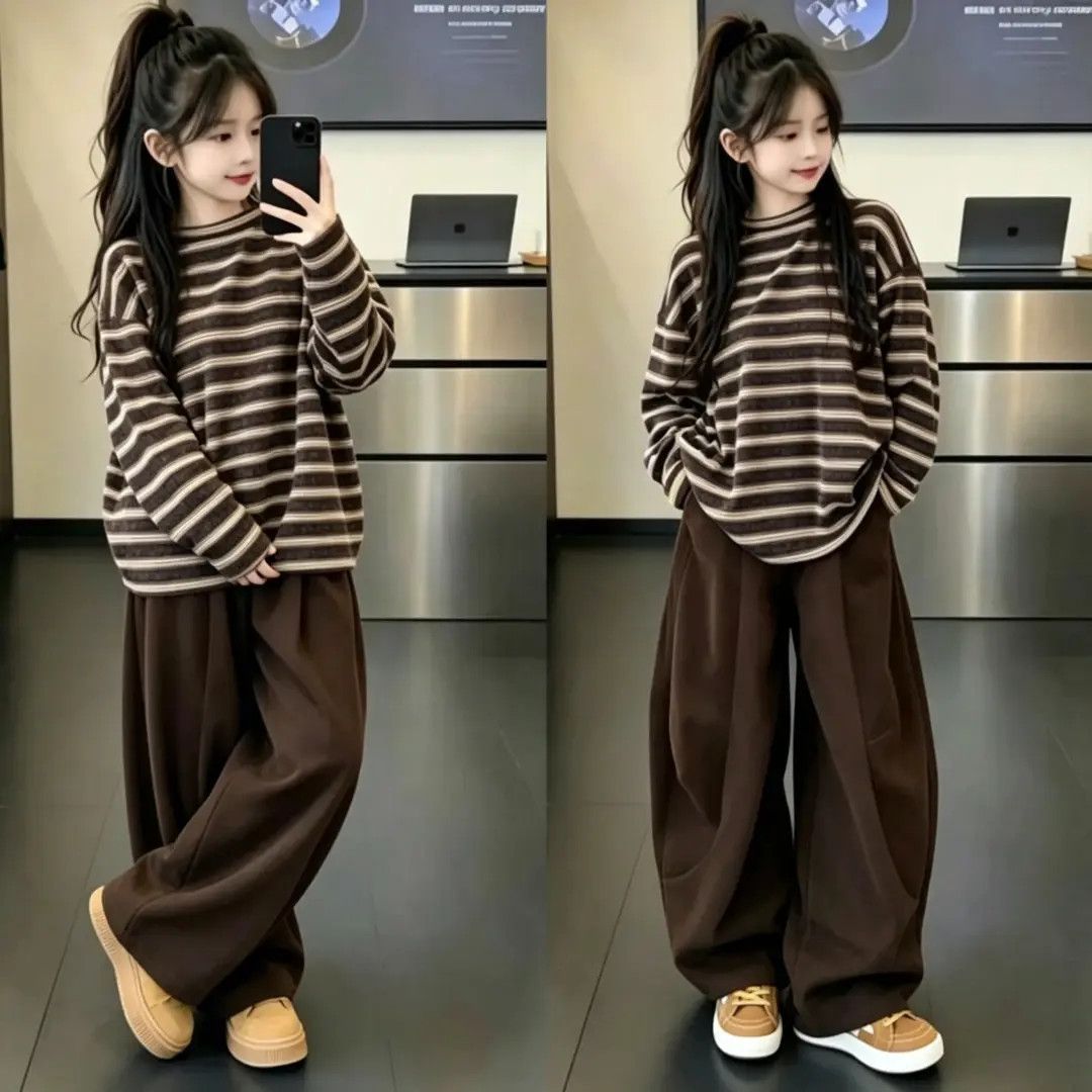 女童秋季套装2026新款韩版中大童女孩洋气条纹上衣阔腿裤两件套潮