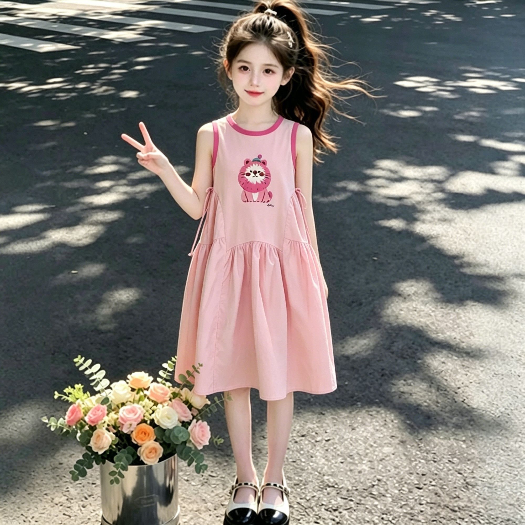 女童连衣裙2026夏季新款粉色公主裙甜美风无袖卡通包边洋气背心裙