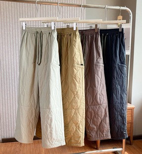 休闲裤 女款 秋冬绗缝夹棉御寒保暖系带松紧腰直筒工装