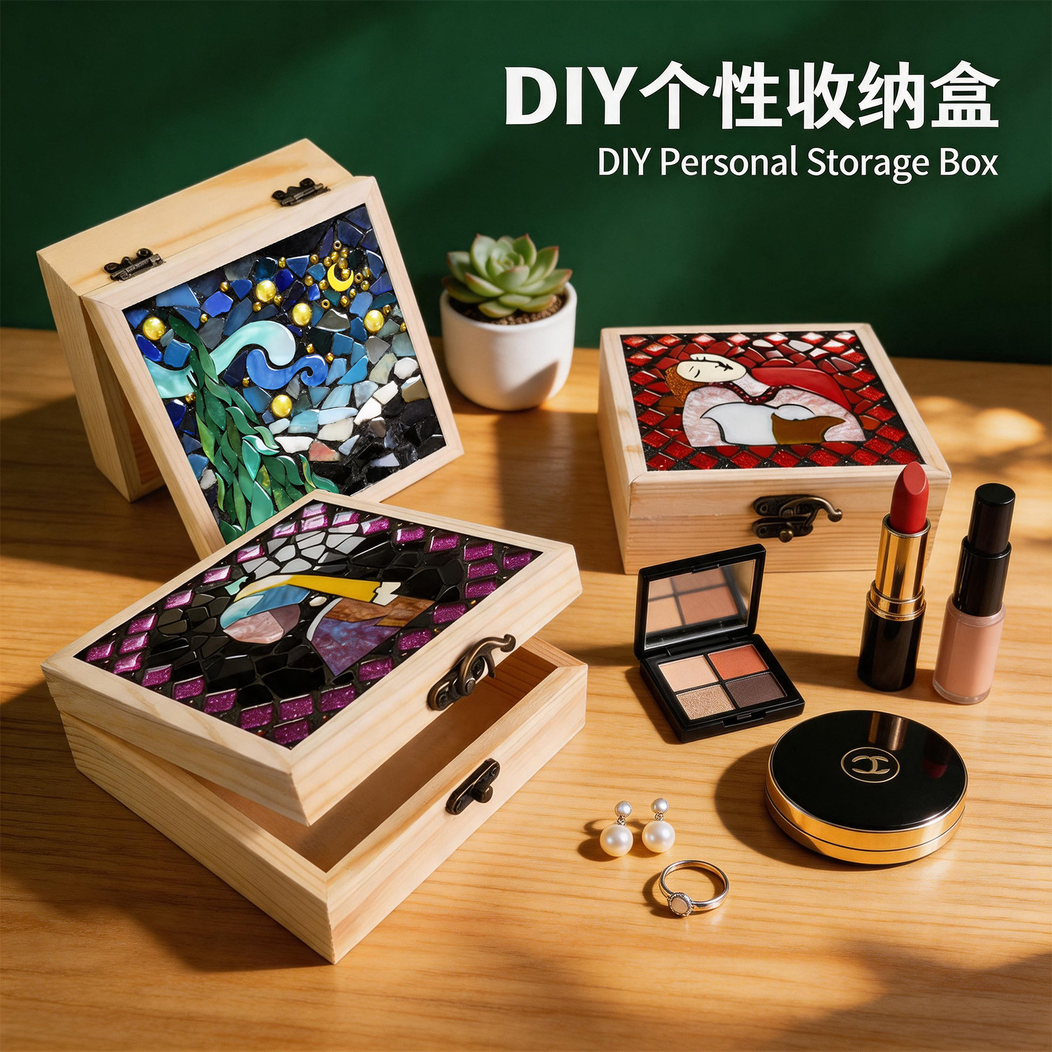 收纳盒diy材料包 手工课手工制作材料马赛克奶油胶实木盒饰品盒子