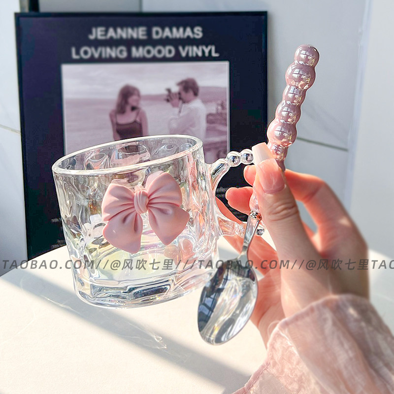 蝴蝶结水杯少女心冰川马克杯随手杯下午茶杯把手玻璃牛奶杯带勺子,餐饮具,玻璃杯,淘宝优惠券,粉丝福利购,淘宝优惠卷