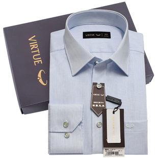 富绅秋季纯棉液氨免烫条纹衬衫男长袖商务正装方领中青年全棉衬衣