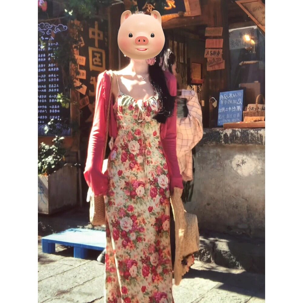 海边度假法式碎花吊带连衣裙子女夏天2025春季新款感长裙套装