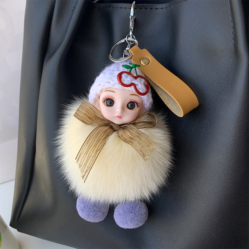 韩国创意大眼萌娃娃汽车钥匙扣挂件毛绒可爱真狐狸毛公仔包包挂饰
