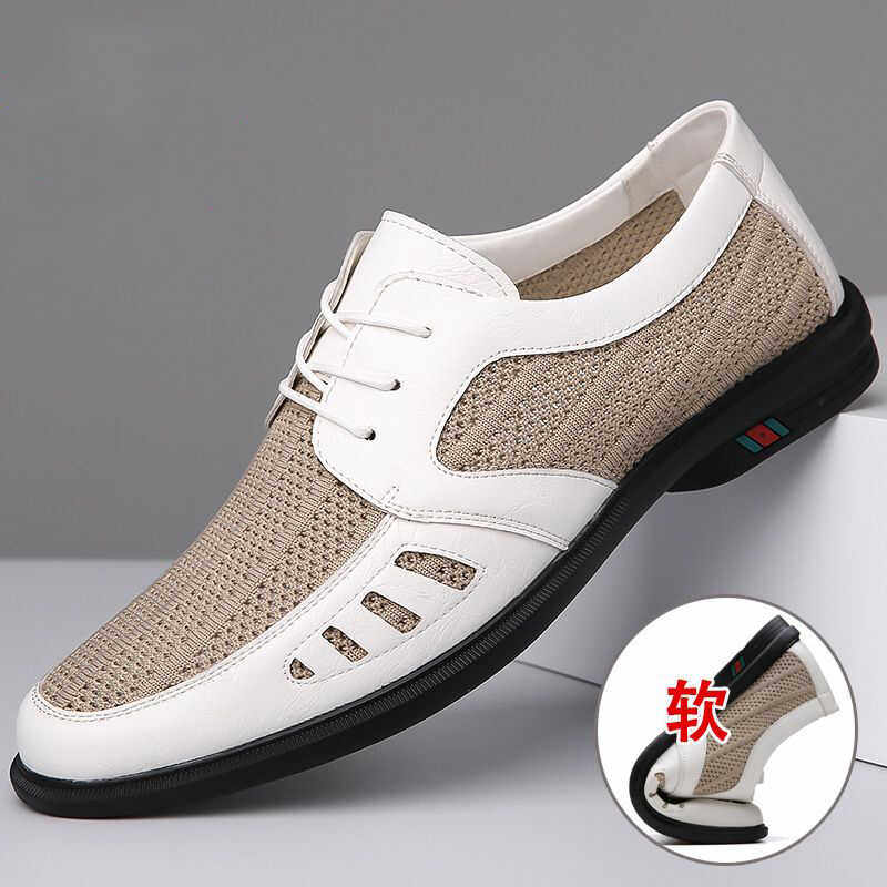 正品折扣男真皮夏季新款白色休闲百搭鞋男士镂空软底透气飞织凉鞋