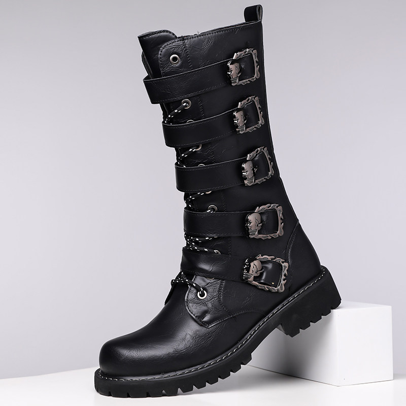 长筒靴子男英伦风皮带扣机车马丁靴男冬季高筒靴黑色朋克厚底男靴