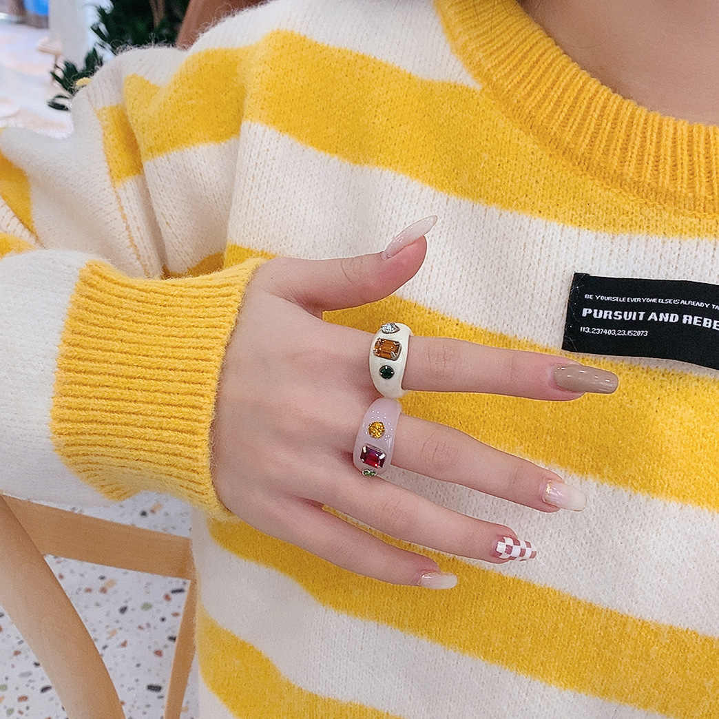 韩国ylyl同款小众设计糖果色宝石戒指复古独特镶钻亚克力树脂指环