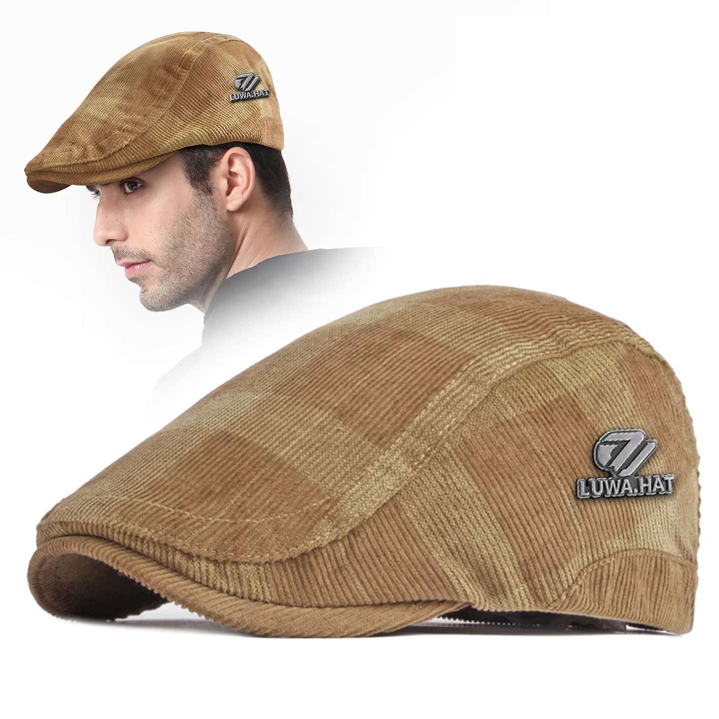 路瓦秋冬新款灯芯绒保暖帽子男全封口格子中老年贝雷帽户外休闲帽