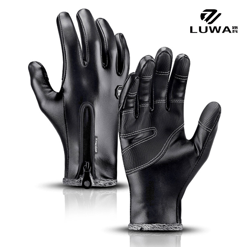 路瓦秋冬户外防风防水男士皮手套冬季骑行电动摩托车加绒保暖触屏