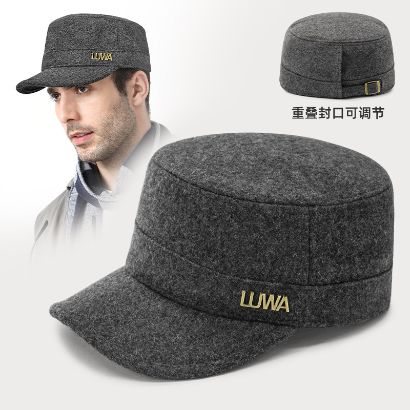 全封口羊毛呢平顶帽冬季保暖鸭舌帽爸爸出游帽男光头防冻专用出游