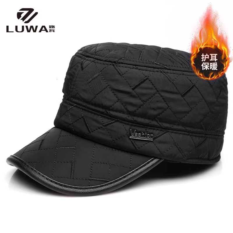 冬季新款中老年户外加棉保暖格子平顶帽后封口护耳可折叠光头防风
