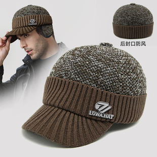 路瓦帽子冬季男针织羊毛加绒棒球帽短檐中老年加厚保暖护耳全封口