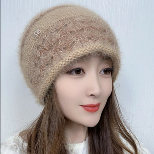 双层帽子女冬季松鼠绒镂空新款针织毛线帽双层保暖护耳堆堆包头帽