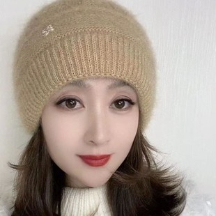 女士针织保暖帽松鼠绒毛线帽包头优雅镂空花秋冬中老年护耳堆堆帽