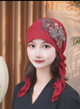 秋冬保暖飘带帽骑车防风针织护头百柔软头巾妈妈遮白发月子包头帽