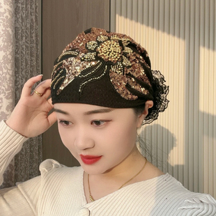 凤尾太阳花包头帽遮白发碎发盘花边春秋冬洋气头巾妈妈套头束发帽