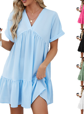 2025 Summer Pure Color V-Neck Loose Pleated Dress for Women