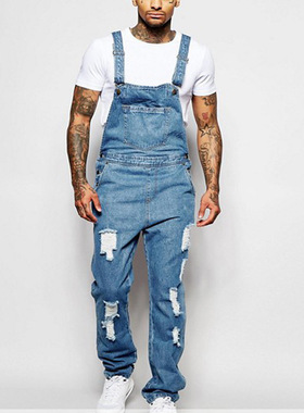 Men's braces ripped jeans jumpsuit men pants男吊带牛仔裤长裤