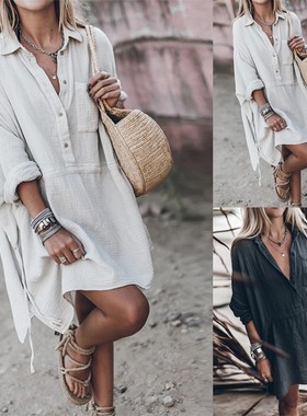 宽松V领中长款连衣裙女Loose V-neck mid-length dress for women