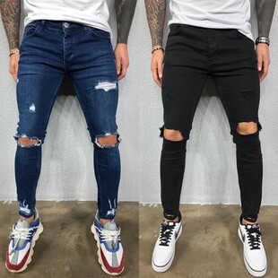 Skinny Black Trousers Ripped Biker Pants Jeans Man Men Blue