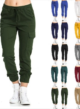 Women Solid Cargo Pants Multicolor Stretch Casual Lacing Dra