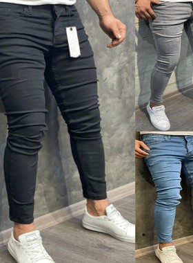 Men Solid Color Stretch Skinny Jeans纯色紧身弹力小脚牛仔裤男