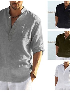 Shirts Letter Print Casual Pullover Sexy Men Linen Blouse