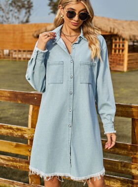 Women Loose Mid-Length Denim Shirts Casual Female blouse衬衫