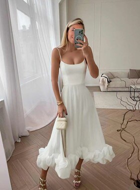 Women Elegant Party Dress 欧美吊带大摆花朵A字裙