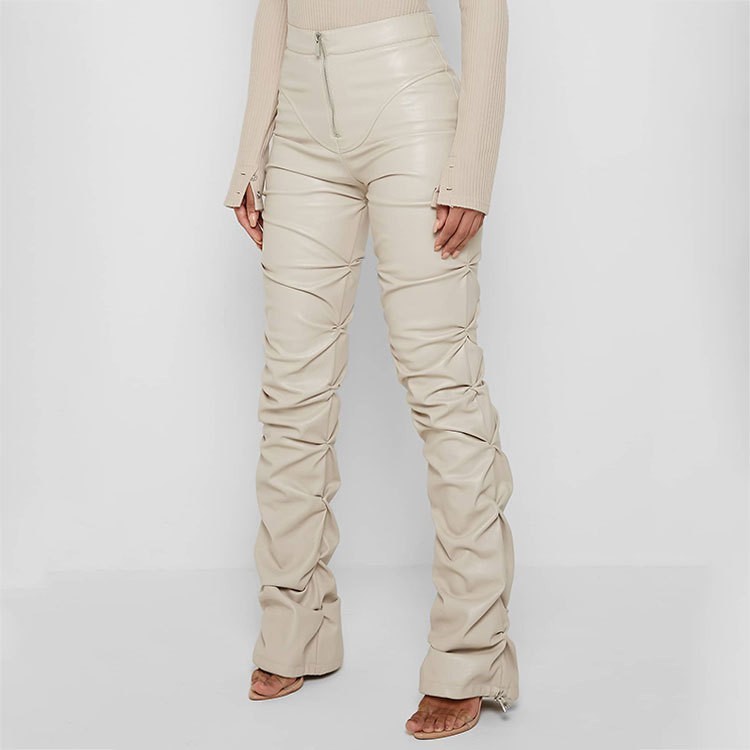 Autumn Pants Women PU Leather High Waist trousers 微喇皮裤女