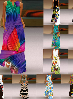 Summer Print Long Dress Women Beach Holiday Loose 3D Skirt