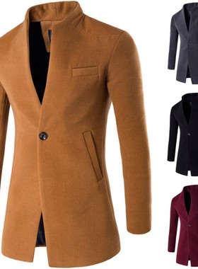 Men winter long jacket slim cardigan trench coat 毛呢大衣男