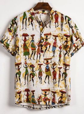 men Linen Printing Hawaiian Blouse Loose Henley Shirts man