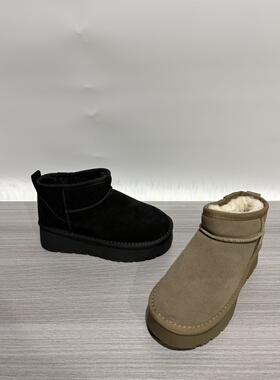 2025冬特价断码头层牛皮真皮半羊毛圆头厚底休闲加绒雪地靴女短靴