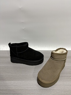 2025冬特价断码头层牛皮真皮半羊毛圆头厚底休闲加绒雪地靴女短靴