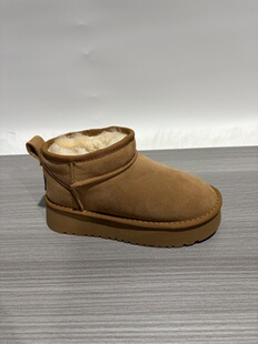 2025冬特价 品牌撤柜头层牛皮真皮圆头厚平底增高羊毛女雪地靴 断码