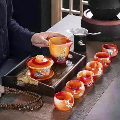 New hot-selling silver agate jade porcelain household glass Kung Fu tea set living room business gift gift