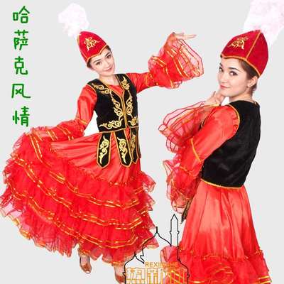 /新疆舞蹈服装少数民族特色哈萨克族舞台演出服装女装裙子演出服
