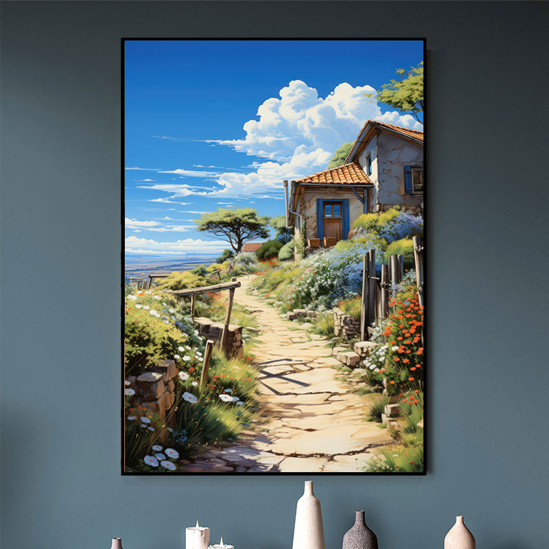 日式动漫宫崎骏风海边蓝天白云装饰画入户门玄关挂画客厅风景壁画