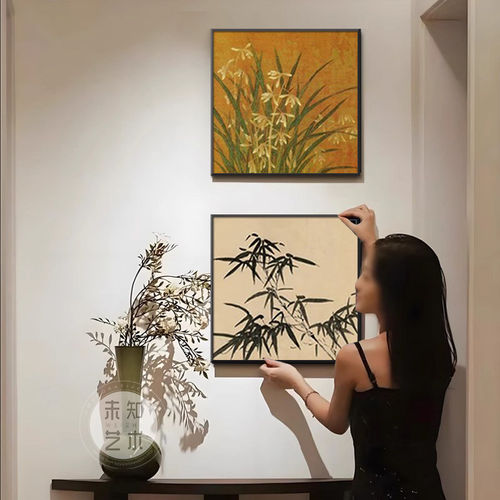 宋氏美学竹子挂画中古风客厅玄关双联装饰画高级感餐厅背景墙壁画