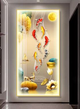 LED声控晶瓷九鱼聚财图 玄关LED装饰壁画 客厅用晶瓷画搭配LED灯