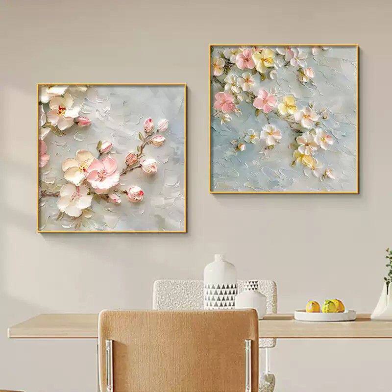 花卉治愈系餐厅装饰画淡奶油风温馨饭厅餐桌挂画简约方形客厅壁画