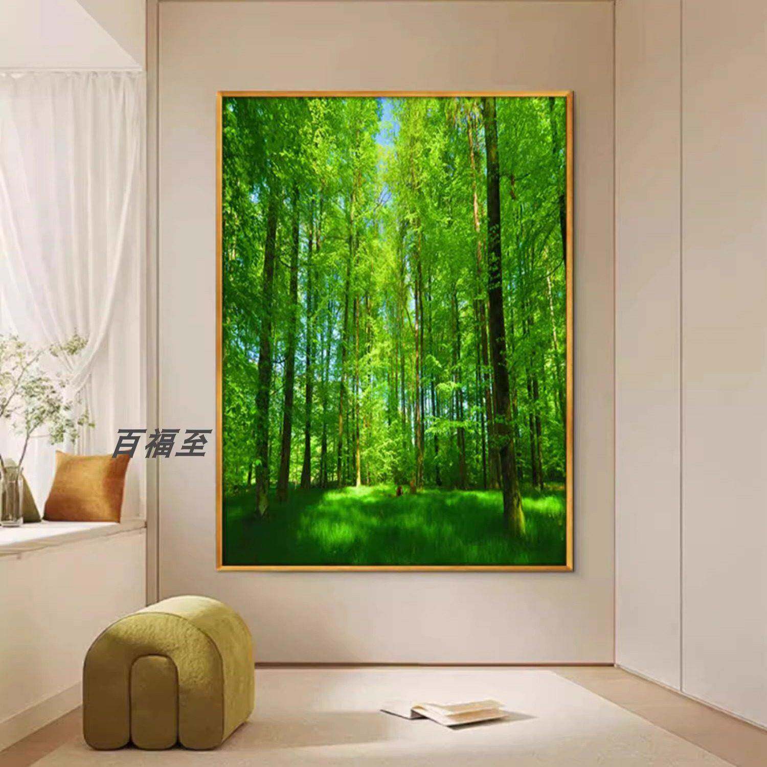 阳光大森林树林绿草地大自然风景画挂画墙画绿色装饰画壁画树木画