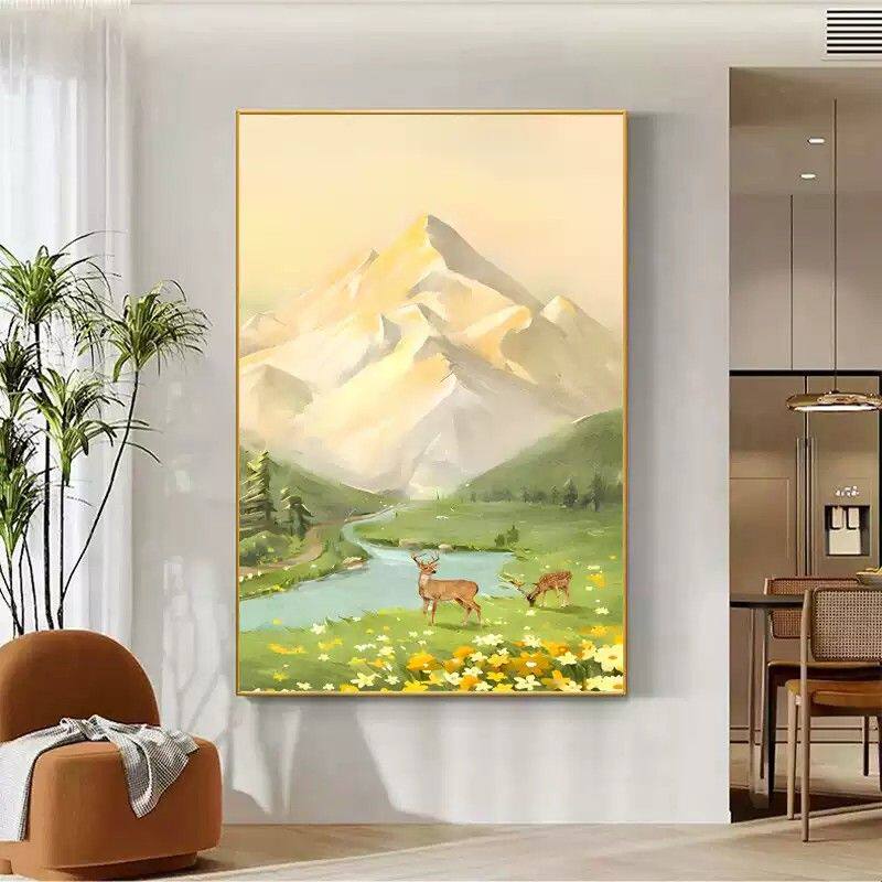 日照金山客厅沙发背景墙装饰画入户玄关北欧山水挂画卧室油画壁画