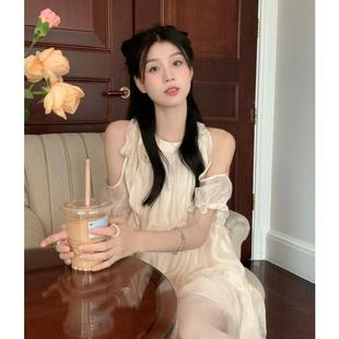 夏季 纯欲风露肩绑带圆领连衣裙女2024新款 温柔系气质甜美初恋