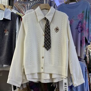 学院风三件套刺绣针织马甲领带长袖衬衫女春季新款百搭叠穿套装