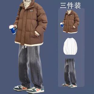 加厚一套搭配外套保暖棉袄 男士 假两件棉服套装 连帽棉衣冬季