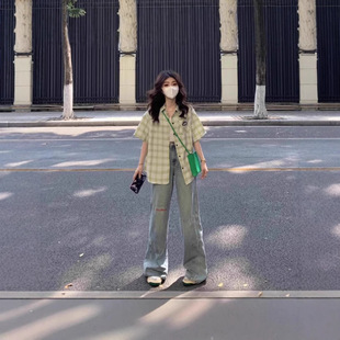 polo领小个子设计感小众独特别致 女秋冬新款 绿色格子短袖 衬衫